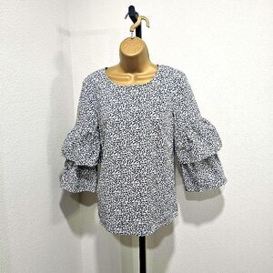 Cottage Fairy Peasant Prairie Ditsy Floral Tiered Ruffle Top Womens 6 Blue White